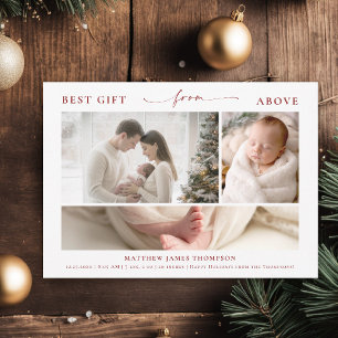 Christmas Gift Above Modern Elegant Baby 3 Photo Holiday Card