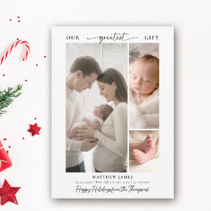 Christmas Gift Above Simple Modern Baby 3 Photo Holiday Card