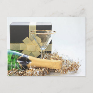 Christmas gift and bottle of champagne holiday postcard