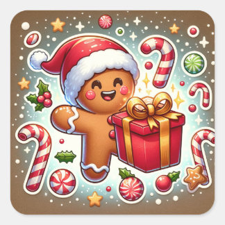 Christmas Gift and Ginger Bread Man Square Sticker