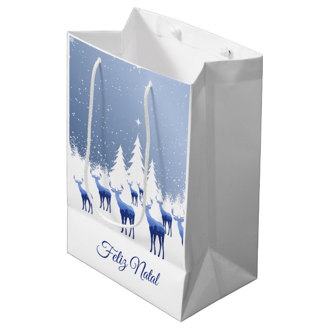 Christmas Gift Bag Blue Deer Feliz Natal (Front Angled)