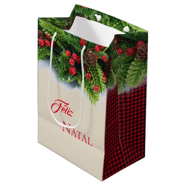 Christmas Gift Bag-Evergreen Feliz Natal Medium Gift Bag (Front Angled)