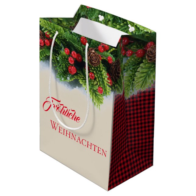 Christmas Gift Bag-Evergreen Frohliche Weihnachten Medium Gift Bag (Back Angled)