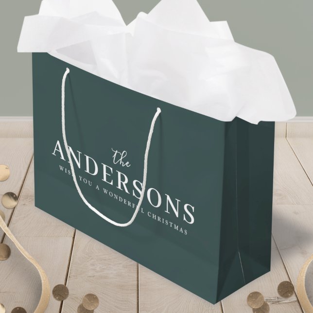 Christmas Gift Bag | Family Name Holiday Green (Custom name Christmas gift bag for modern festive gifting)