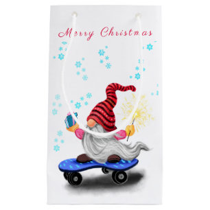 Christmas Gift Bag Happy Gnome with Skateboard