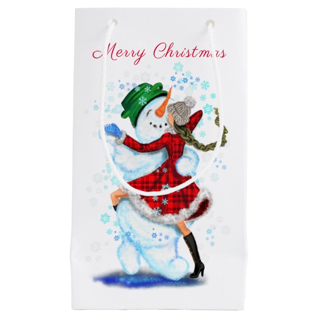 Christmas Gift Bag Snowman and Girl Dance - Fun (Front)