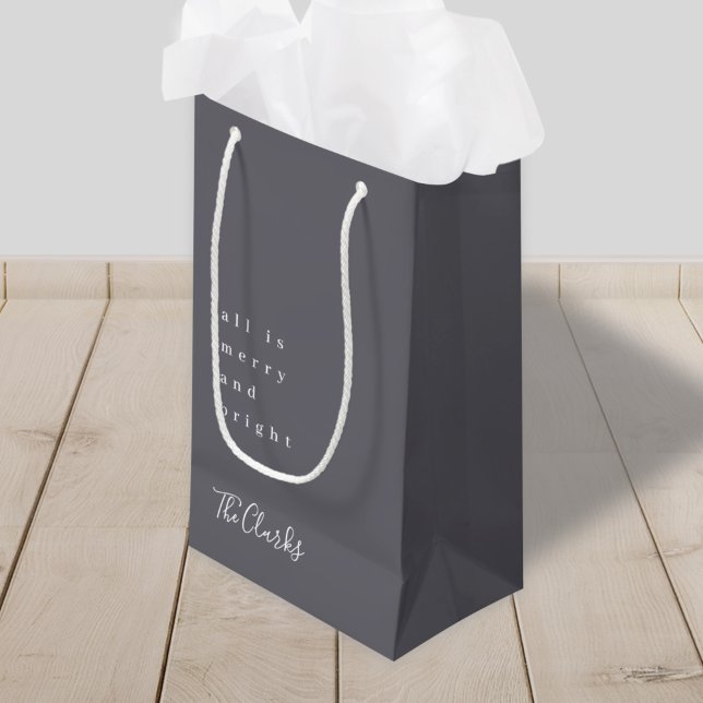 Christmas Gift Bag | Stylish Scandi Slate Grey (Elegant Scandi holiday gift bag with custom family name in slate gray)