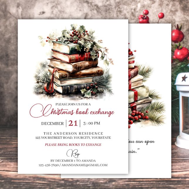 Christmas gift book exchange party invitation (Christmas gift book exchange party invitation watercolor book art for book lovers)