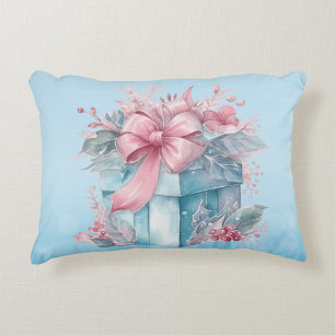 Christmas Gift Box In Pale Blue and Pink Ribbon Decorative Cushion