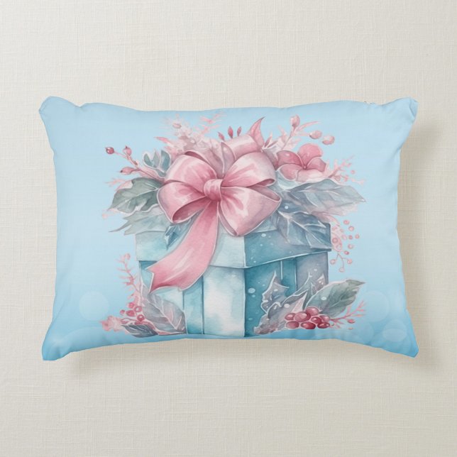 Christmas Gift Box In Pale Blue and Pink Ribbon Decorative Cushion (Creator Uploaded)