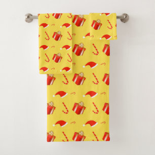 Christmas gift box Santa hat candy cane Bath Towel Set