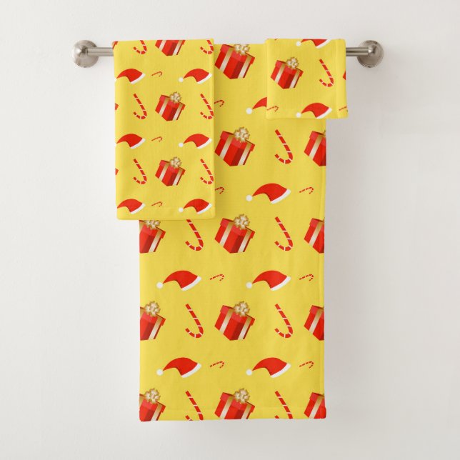 Christmas gift box Santa hat candy cane Bath Towel Set (Insitu)