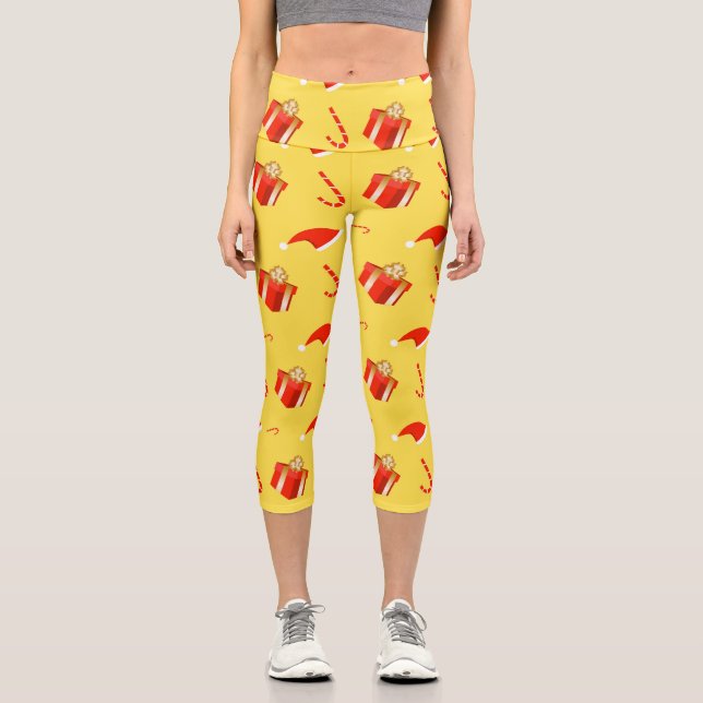 Christmas gift box Santa hat candy cane Capri Leggings (Front)