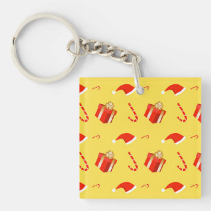 Christmas gift box Santa hat candy cane Key Ring