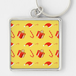 Christmas gift box Santa hat candy cane Key Ring