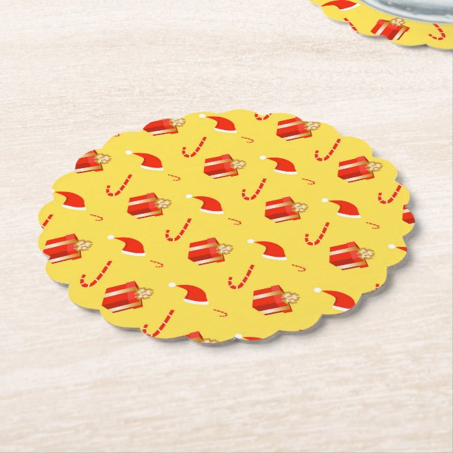 Christmas gift box Santa hat candy cane Paper Coaster (Angled)