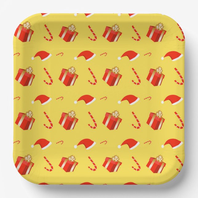 Christmas gift box Santa hat candy cane Paper Plate (Front)