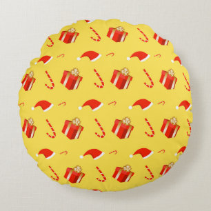 Christmas gift box Santa hat candy cane Round Cushion