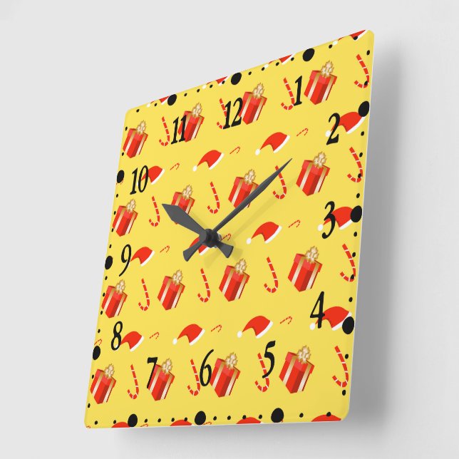 Christmas gift box Santa hat candy cane Square Wall Clock (Angle)