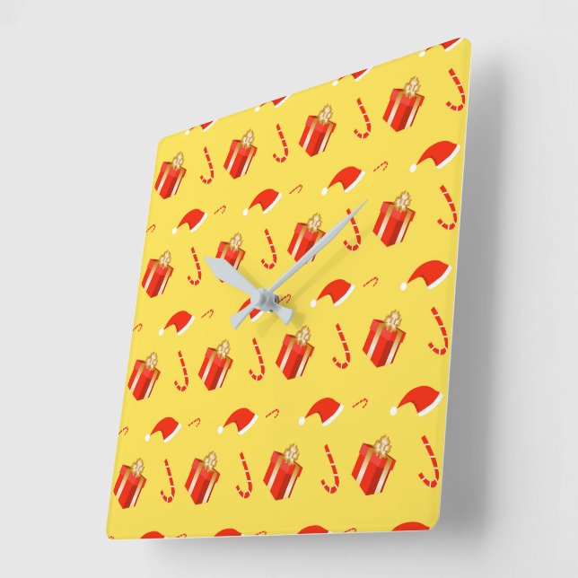 Christmas gift box Santa hat candy cane Square Wall Clock (Angle)