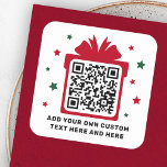 Christmas gift box with stars QR code red white Square Sticker<br><div class="desc">Business QR code stickers featuring your QR code on a red (or custom colour) gift box silhouette surrounded by red ( or custom colour) stars. Text,  font and colours are customisable. Perfect for directing your customer to a gift or freebie.</div>