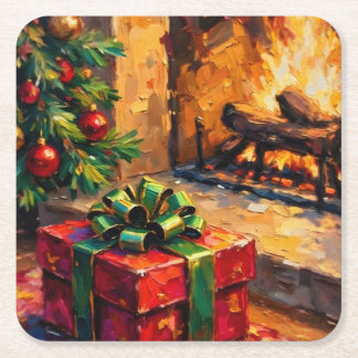 Christmas Gift by the Fire Square Paper Coaster