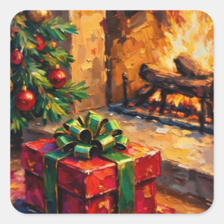 Christmas Gift by the Fire Square Sticker