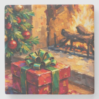 Christmas Gift by the Fire Stone Coaster
