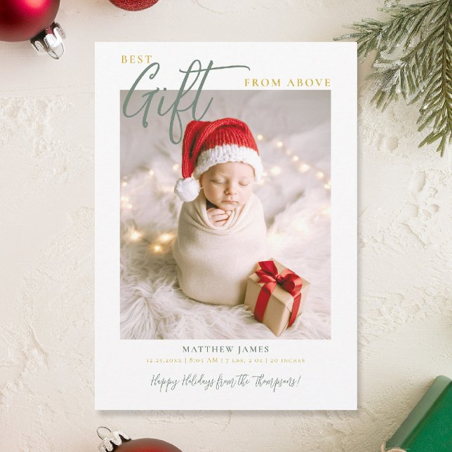 Christmas Gift Calligraphy Modern Green Baby Photo Announcement (best gift from above baby christmas card minimalist simple photo calligraphy elegant green gold)