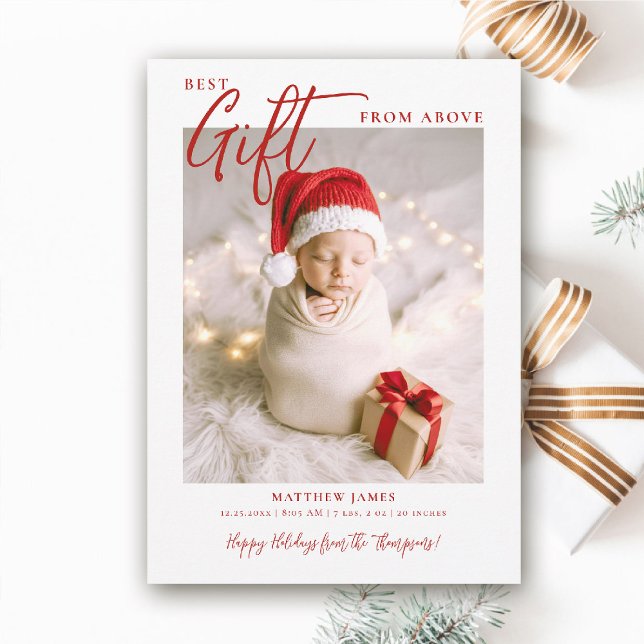 Christmas Gift Calligraphy Modern Red Baby Photo Holiday Card (best gift from above baby christmas card minimalist simple photo calligraphy elegant cute red)