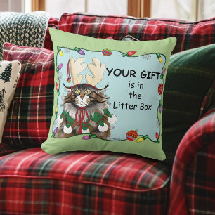 Christmas Gift Cat Green Funny Cushion
