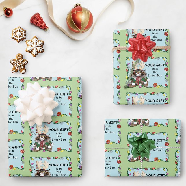 Christmas Gift Cat Green Funny Wrapping Paper Sheet (Creator Uploaded)