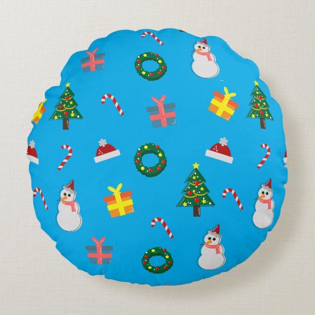 Christmas Gift – Cute Holiday Pattern with Snowman Round Cushion (Front)