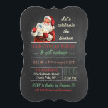 Christmas Gift Exchange Vintage Santa Chalkboard Invitation<br><div class="desc">christmas gift exchange party, vintage Santa Claus with gift/present, chalkboard style, santa red suit/hat/white beard, celebrate the season, holiday party template, red/green/beige retro colours, festive/fun/simple design, antique illustration/image/digital collage, vintage inspired/style/look/looking, fully customisable text template, green/white diagonal striped pattern. Fun gift exchange party design featuring antique illustration of Santa, in red...</div>