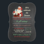 Christmas Gift Exchange Vintage Santa Chalkboard Invitation<br><div class="desc">christmas gift exchange party, vintage Santa Claus with gift/present, chalkboard style, santa red suit/hat/white beard, celebrate the season, holiday party template, red/green/beige retro colours, festive/fun/simple design, antique illustration/image/digital collage, vintage inspired/style/look/looking, fully customisable text template, green/white diagonal striped pattern. Fun gift exchange party design featuring antique illustration of Santa, in red...</div>