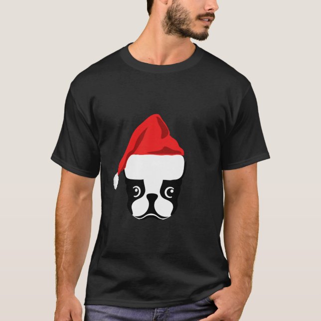 Christmas Gift for Dog Lover Funny Santa Hat Bosto T-Shirt (Front)