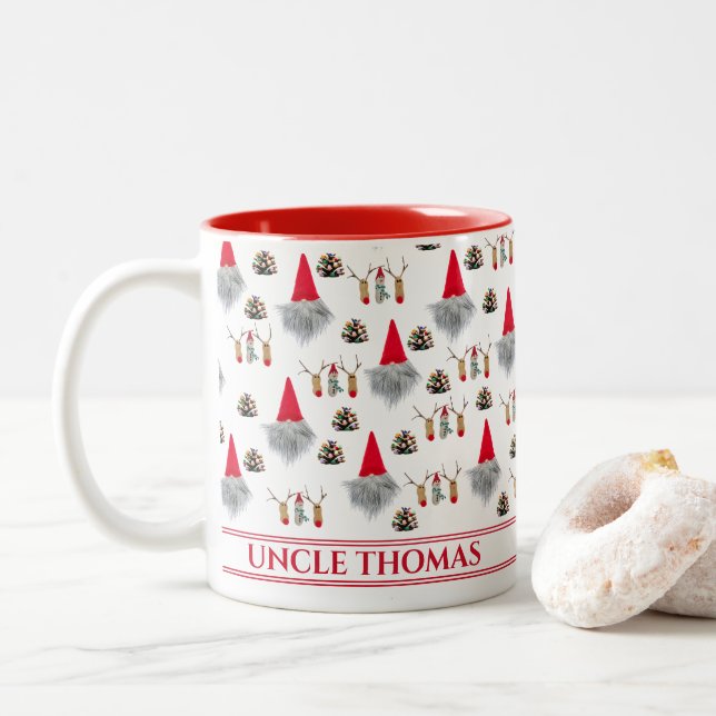 Christmas Gift For Uncle, Gnome & Reindeer Pattern Two-Tone Coffee Mug (With Donut)