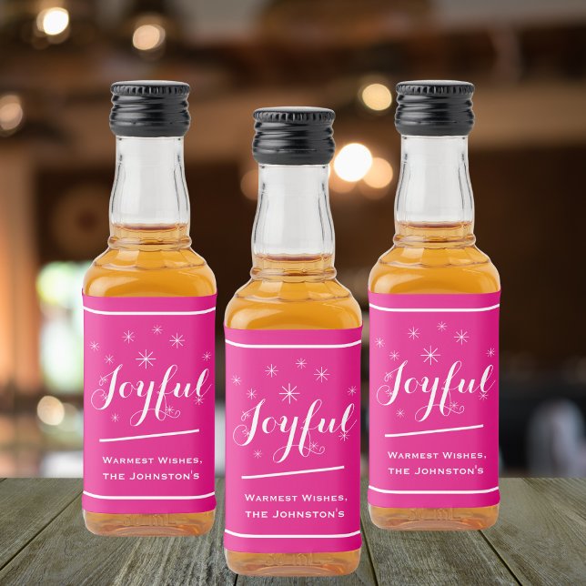  Christmas Gift Joyful Personalised Family Mini Liquor Bottle Label ('Joyful' pink personalized mini liquor bottle labels.)