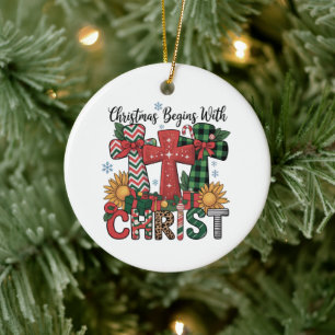 Christmas Gift Merry Xmas Plaid Religious Cross Ceramic Tree Decoration