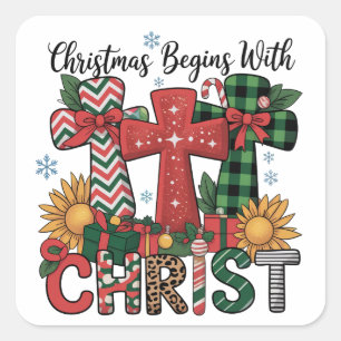 Christmas Gift Merry Xmas Plaid Religious Cross  Square Sticker