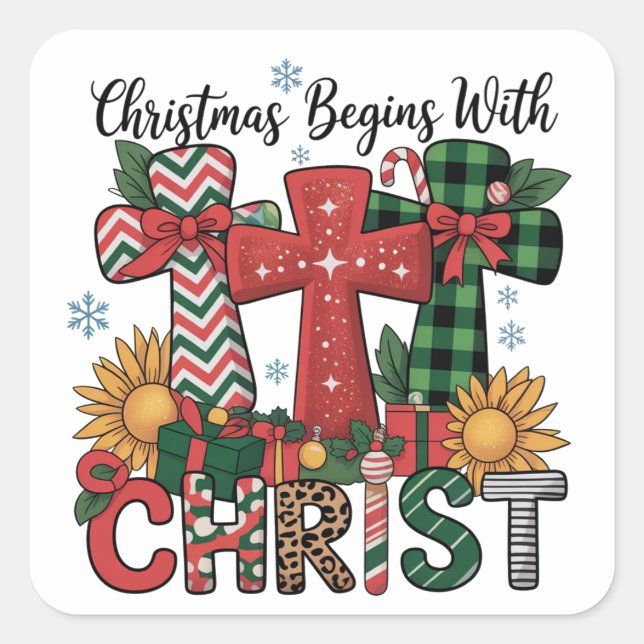 Christmas Gift Merry Xmas Plaid Religious Cross  Square Sticker (Front)