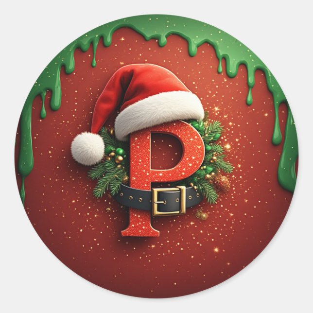 Christmas gift Monogram P with Santa Hat  Classic Round Sticker (Front)