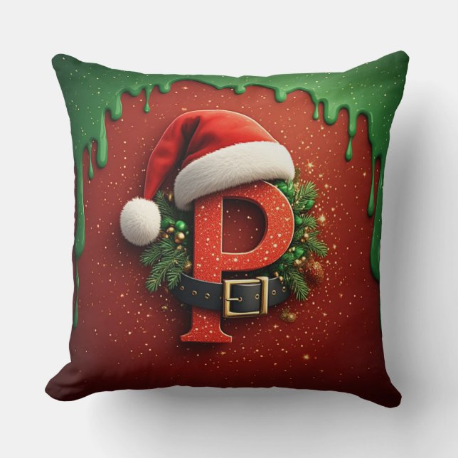 Christmas gift Monogram P with Santa Hat  Cushion (Front)