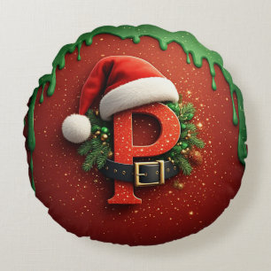 Christmas gift Monogram P with Santa Hat Round Cushion