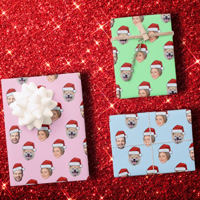 Christmas Gift Personalised Santa Hat Face 3 Photo Wrapping Paper Sheet (Creator Uploaded)