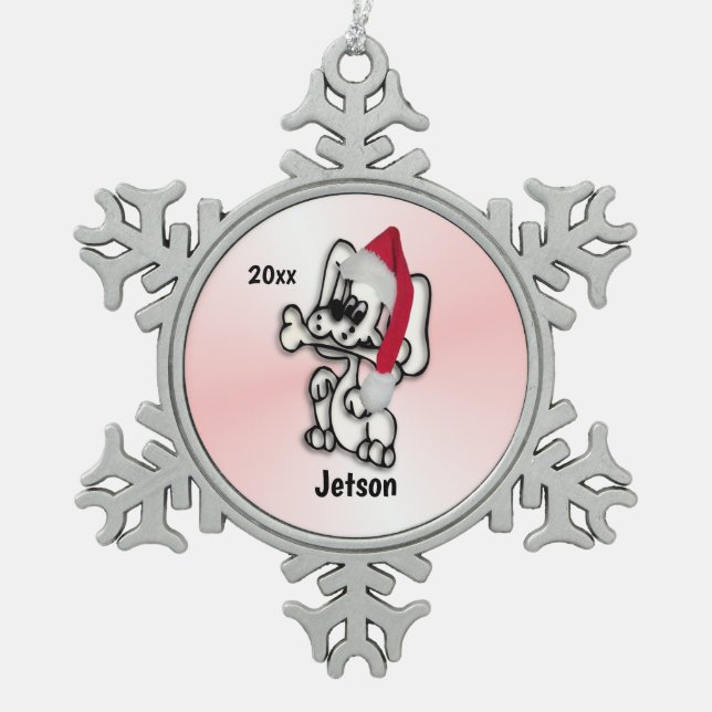 Christmas Gift Puppy Dog Personalised Snowflake Pewter Christmas Ornament (Front)