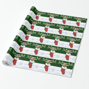 Christmas Gift sock, holly sprigs and snowscene Wrapping Paper