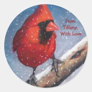 CHRISTMAS GIFT STICKERS: RED CARDINAL, SNOW, ART CLASSIC ROUND STICKER