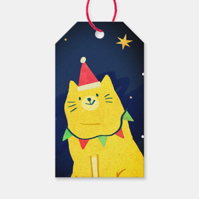 CHRISTMAS GIFT TAG CAT IN NIGHT SKY (Front)