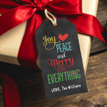 Christmas Gift Tags | Chalkboard Design<br><div class="desc">Festive Christmas gift tag features the phrase "Joy, Love, Peace and Merry Everything" in bold colours and modern type on a black chalkboard style background with custom text that you can personalise. Charcoal grey / soft black background with golden yellow, tangerine red / orange, turquoise blue, green and white design...</div>